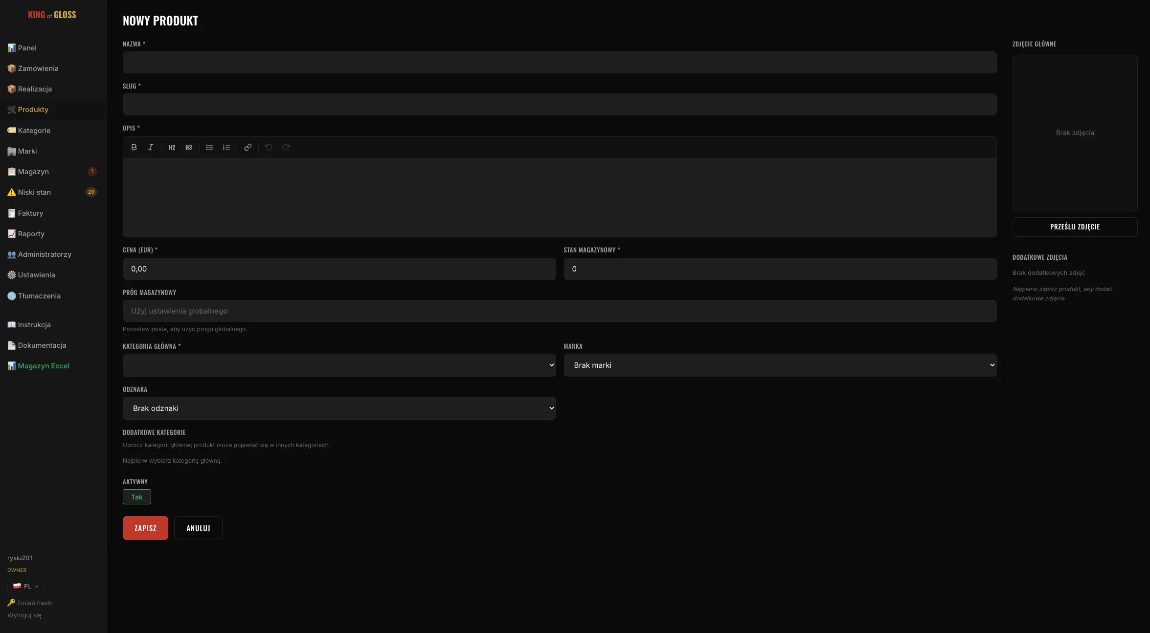 Nowy produkt — formularz z pełną kontrolą nad prezentacją