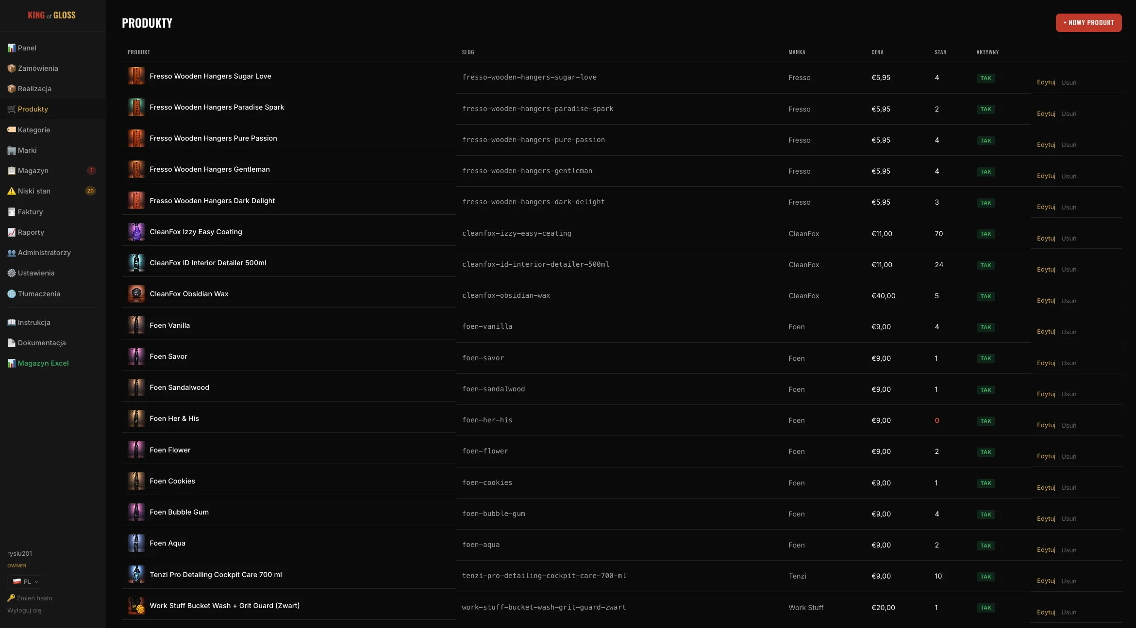 Lista produktów — filtrowanie, statusy, szybki podgląd