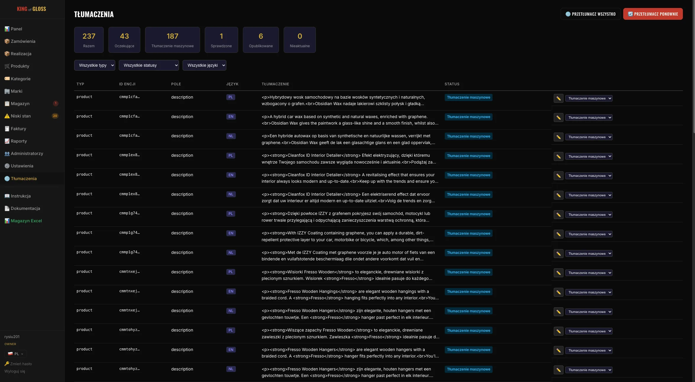 System tłumaczeń — 237 fraz, statusy, ręczna korekta