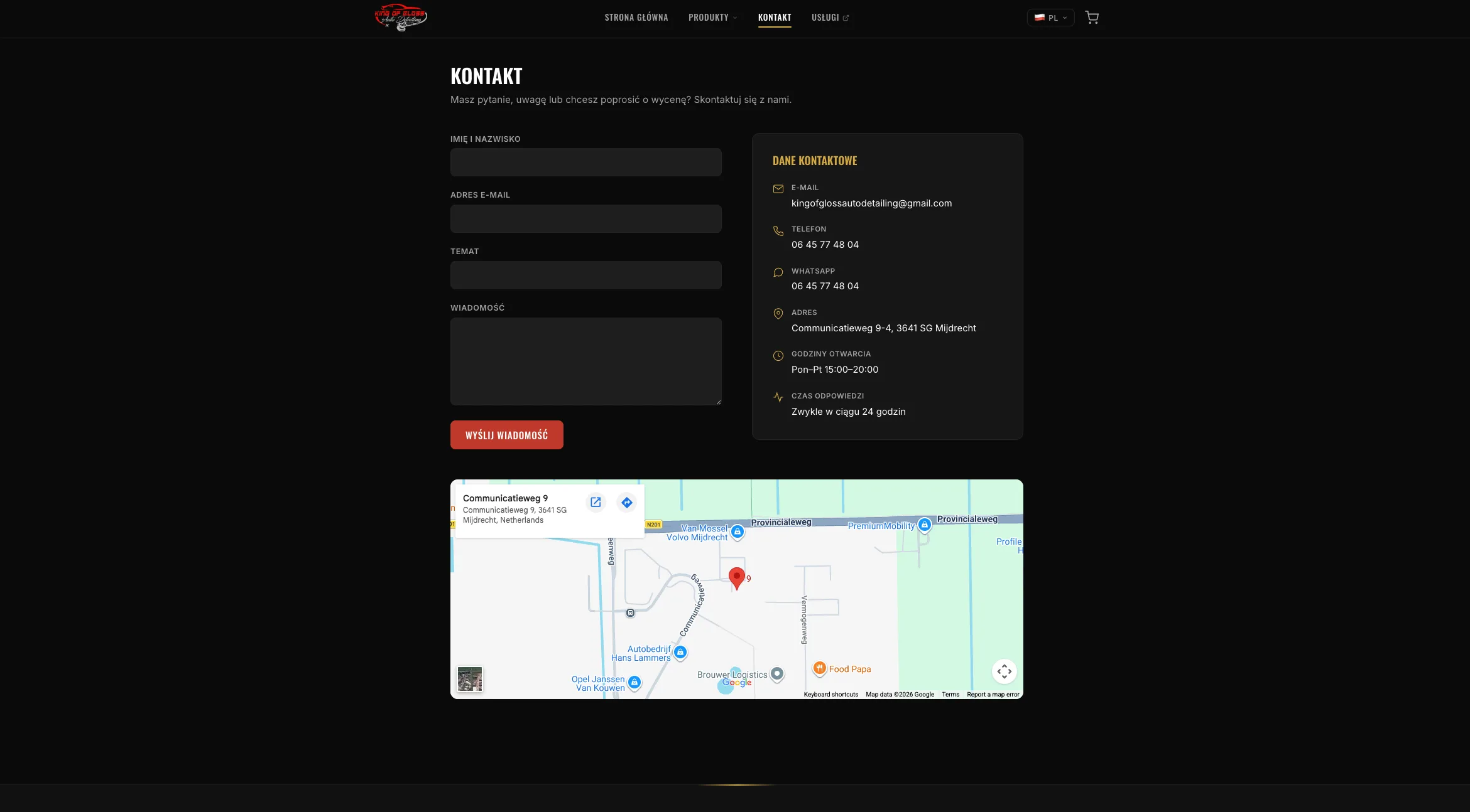 Kontakt — formularz i mapa, bez zbędnych pól