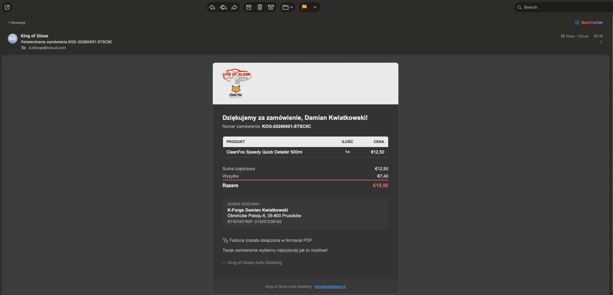 E-mail potwierdzający — klient wie, co kupił, zanim sprawdzi skrzynkę