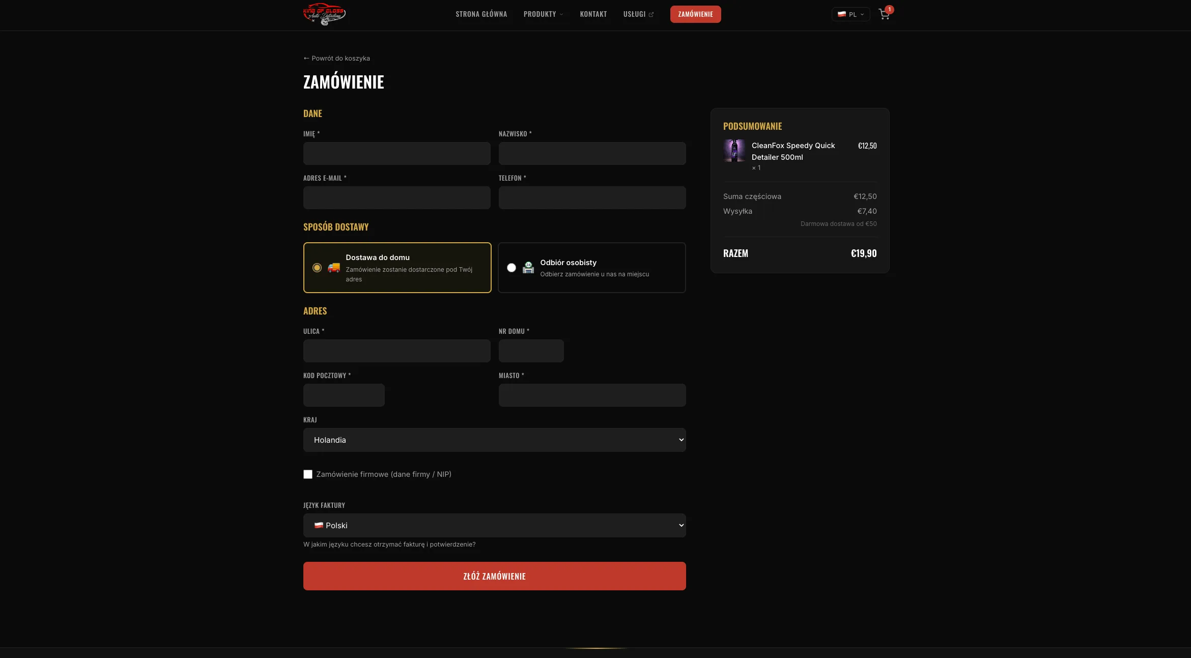 Checkout — prosty formularz z wyborem dostawy i fakturą