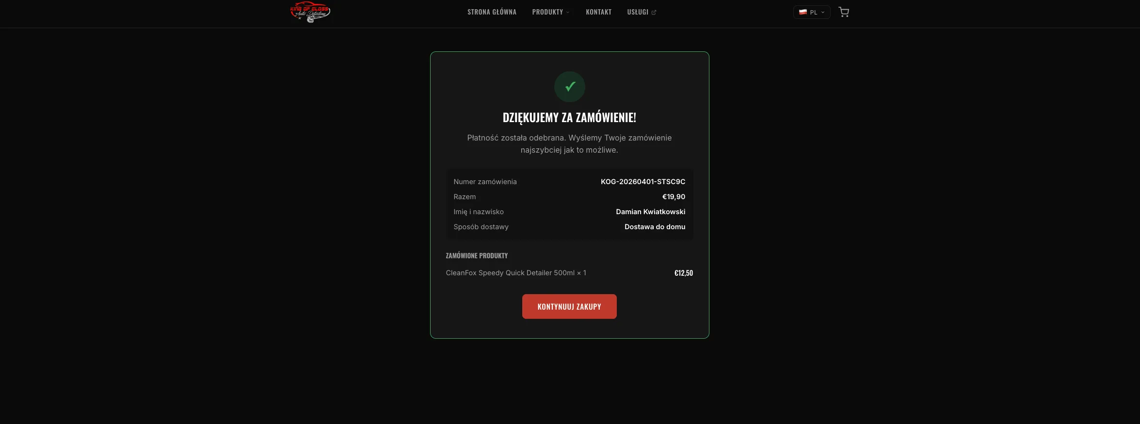 Potwierdzenie zamówienia — jasny status, pełne podsumowanie